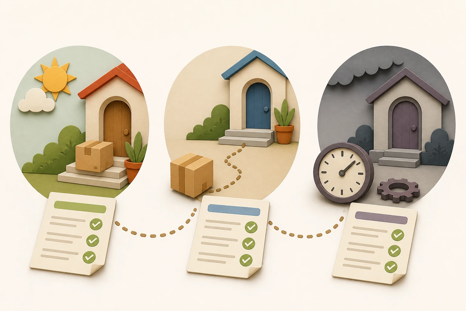 Three completed report cards form a dotted sequence below a delivered parcel, a parcel approaching a doorstep, and a clock with one detached gear.