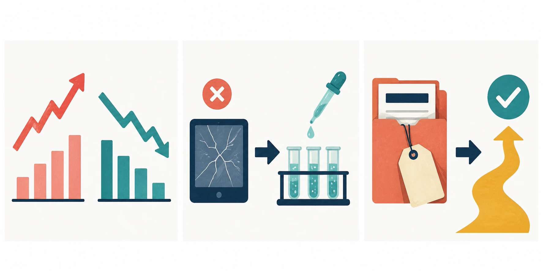Three panels show an upward sales chart beside a downward profit chart, a failed device leading to a repeated test, and a proposal with an unsettled price tag beside a clear approval path.