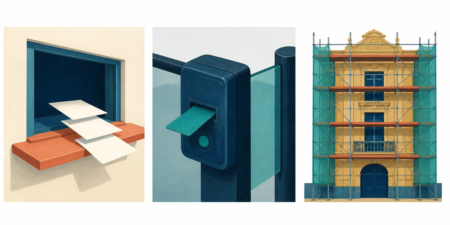 Three panels show exactly three application forms moving through a service window, one access card opening a building gate, and one facade under completed restoration scaffolding.