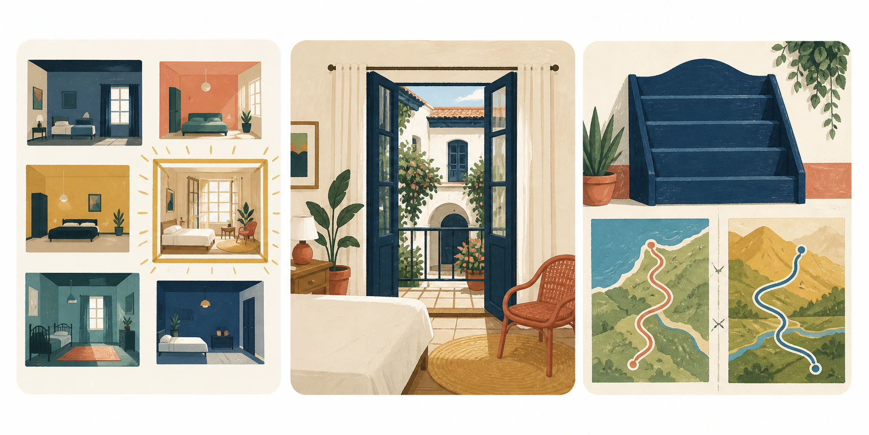 Three panels show a past search for an unspecified sunlit room, one already reserved room opening onto a courtyard, and an empty map rack where no map combines two visible routes.