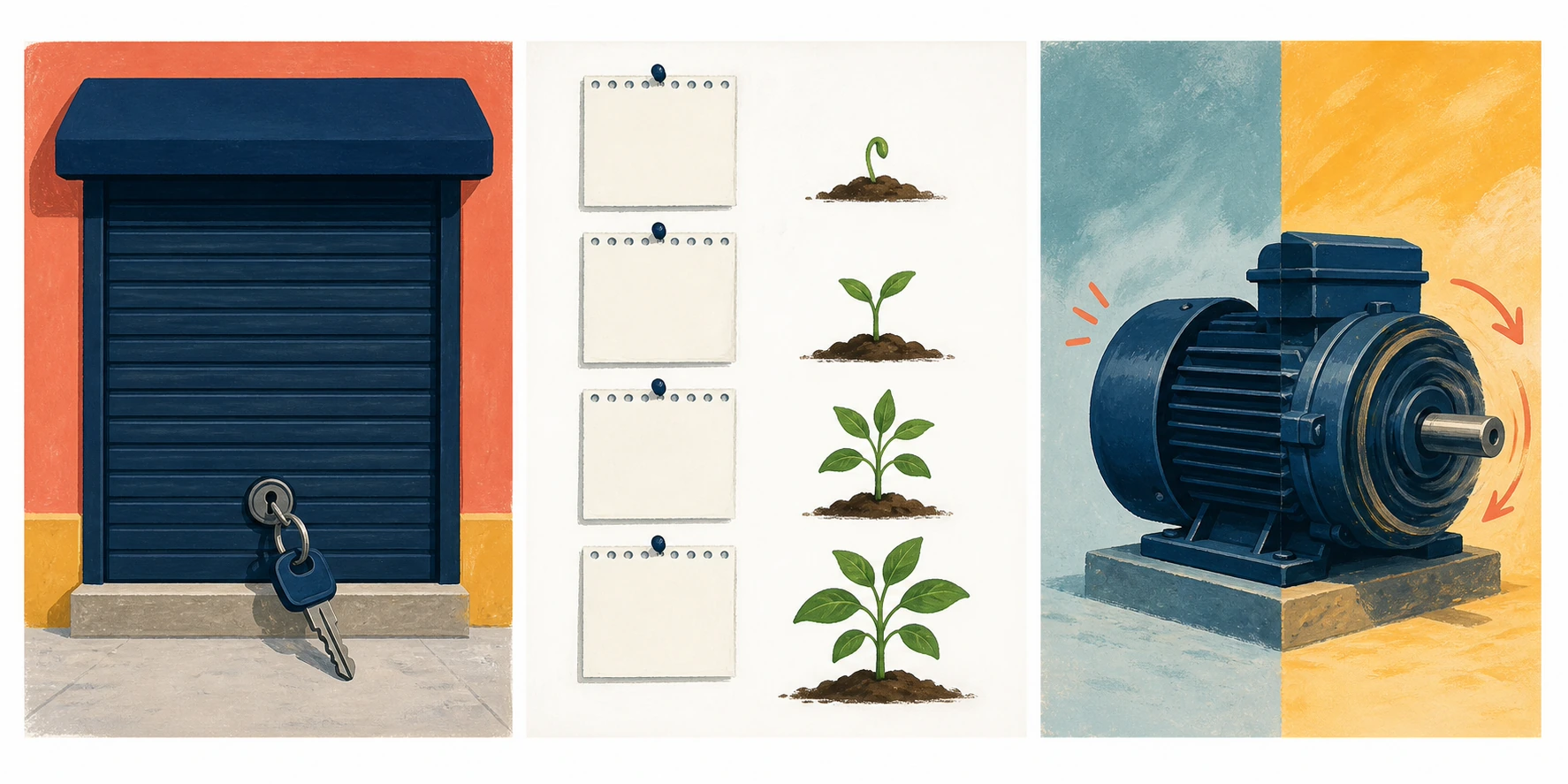 Three panels show a freshly closed shop shutter with its key, four calendar pages beside one steadily growing plant, and a stopped motor beginning to turn again.