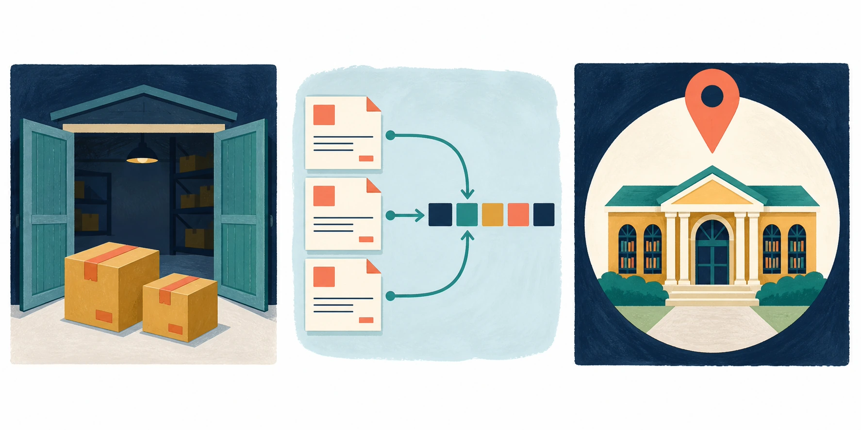 Three panels show exactly two newly arrived parcels after an open doorway, exactly three matching invoices moved to the left and linked back into a clause track, and a library location isolated by a spotlight frame.