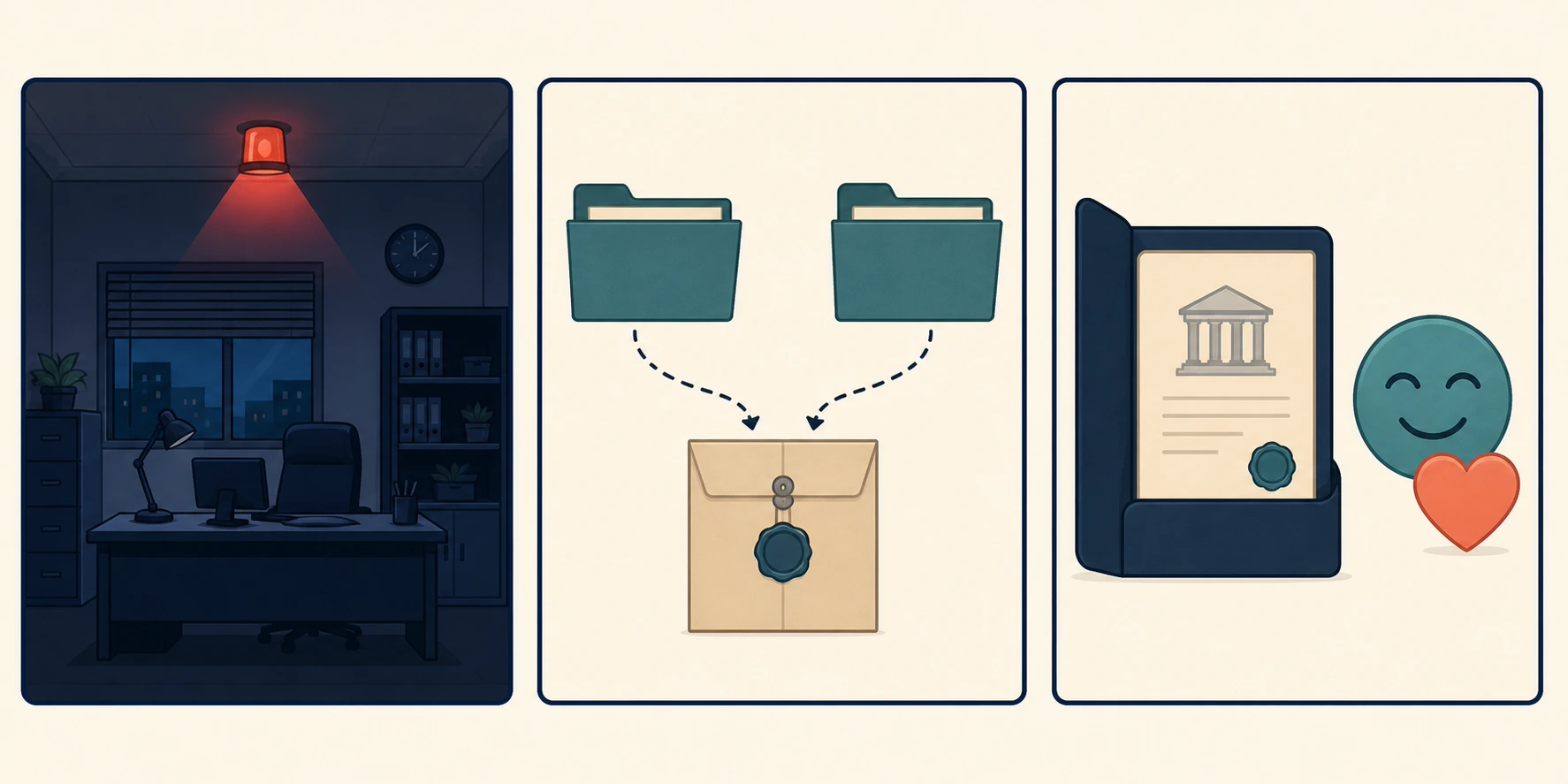Three evidence panels show an office closed earlier than expected, a document reported by an indirect source, and a committee decision viewed through an attitude marker.