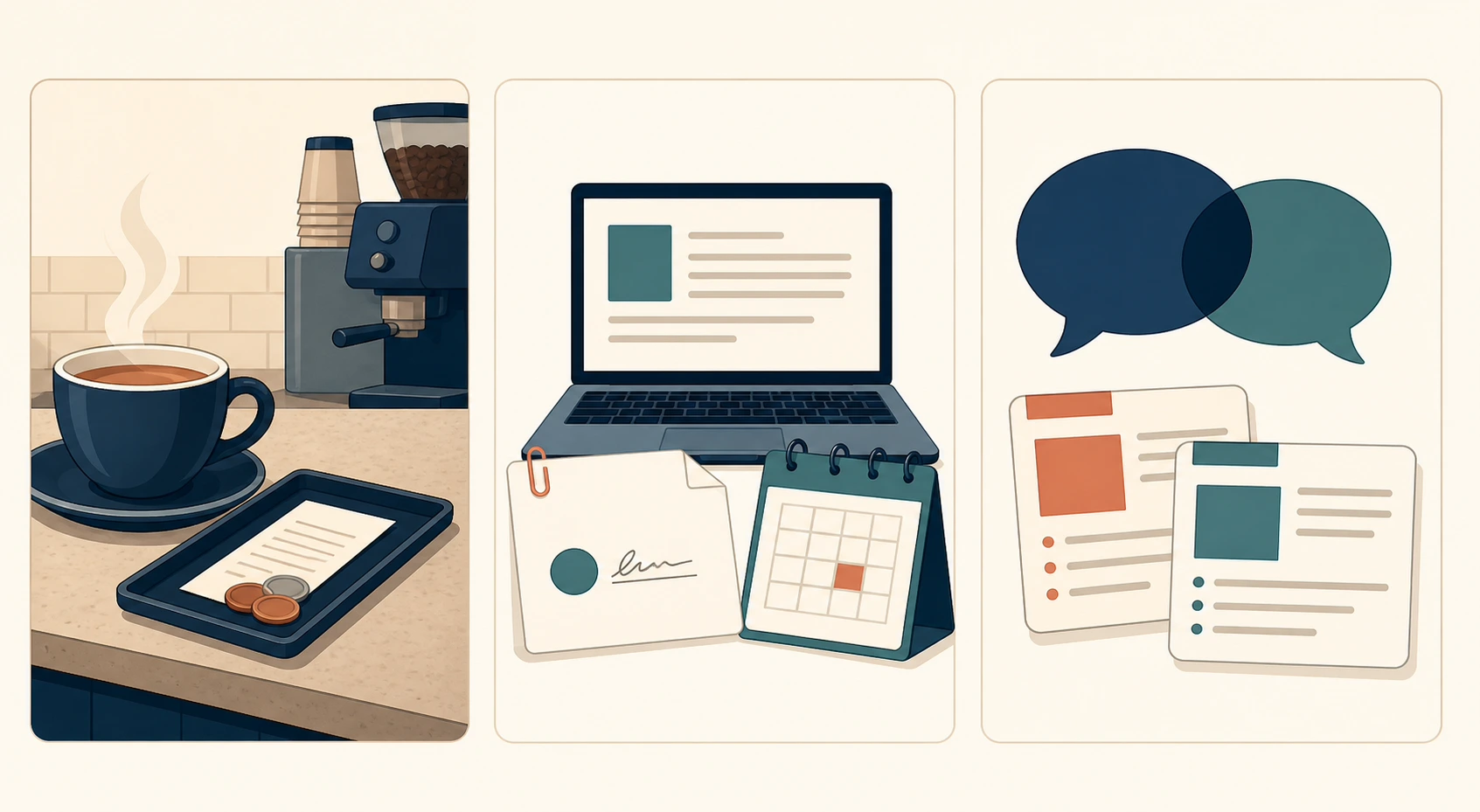 Three object-based communication contexts show a routine café transaction, a formal work email with a deadline, and a meeting where two positions partly overlap.