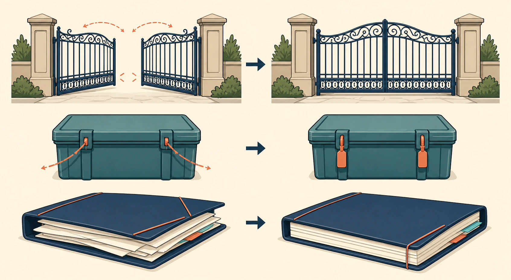 Three paired object scenes distinguish a gate-closing event from its later closed state, sealed containers from their inspected condition, and a completed report ready for dispatch.