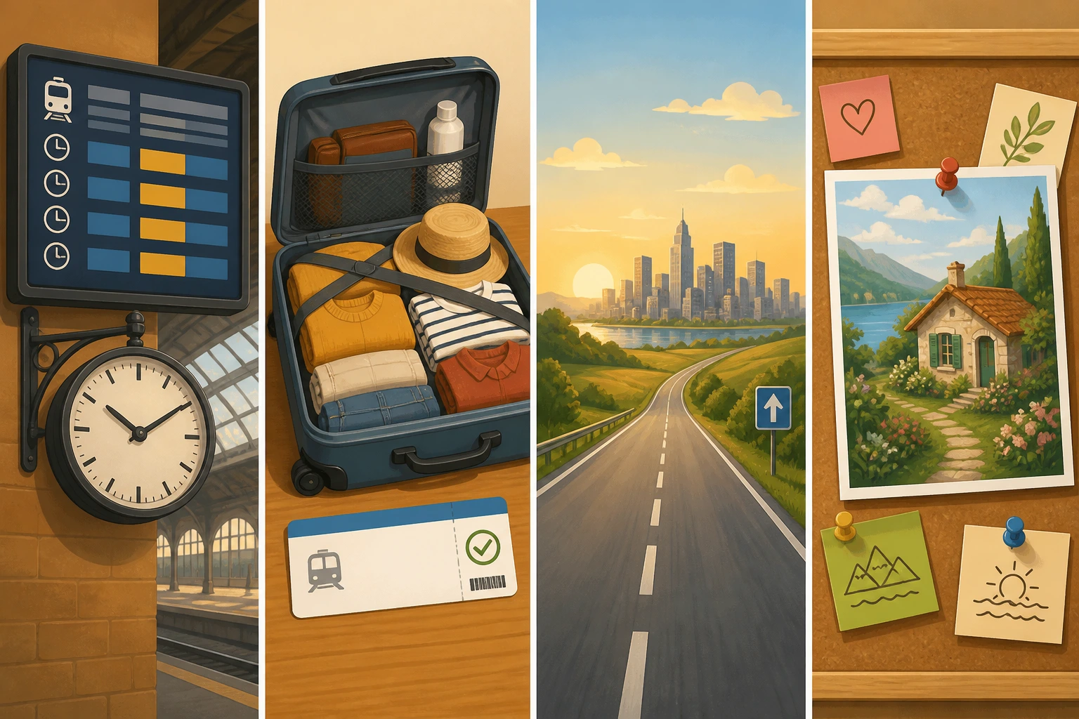 Four object-only panels contrast a fixed train timetable, an already booked trip, an open road toward a future city and a cottage on a wish board.