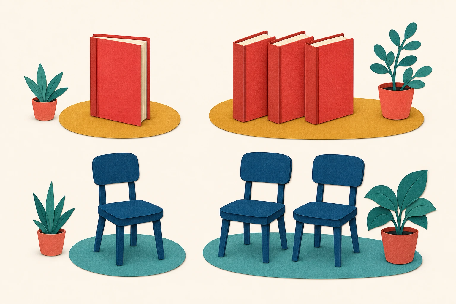 Four-part arrangement with one red book, three matching red books, one blue chair and two matching blue chairs.
