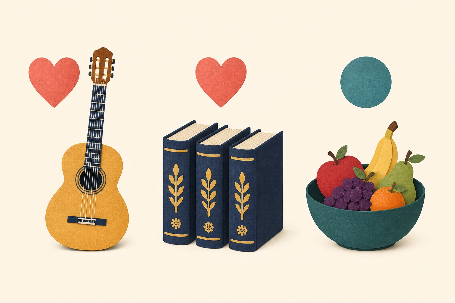Three preference groups: one guitar with a coral heart, three matching books with a coral heart, and a bowl of fruit with a neutral teal circle.