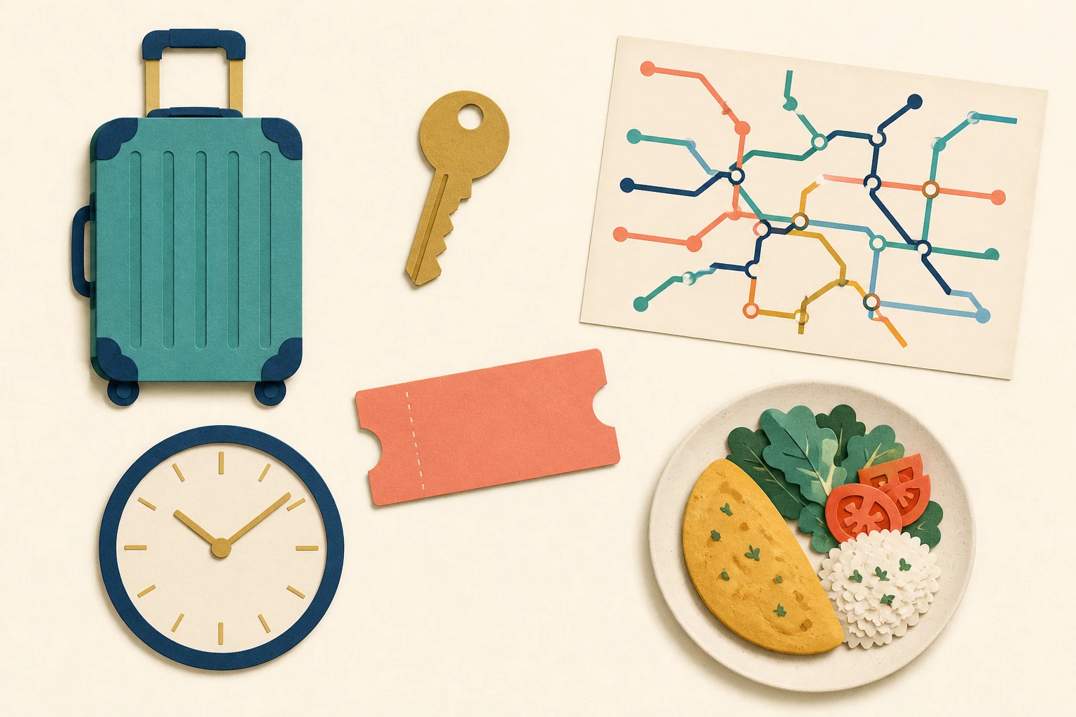 Travel-day still life with a suitcase, house key, transit map of coloured lines, blank ticket, clock without numerals and a simple meal.