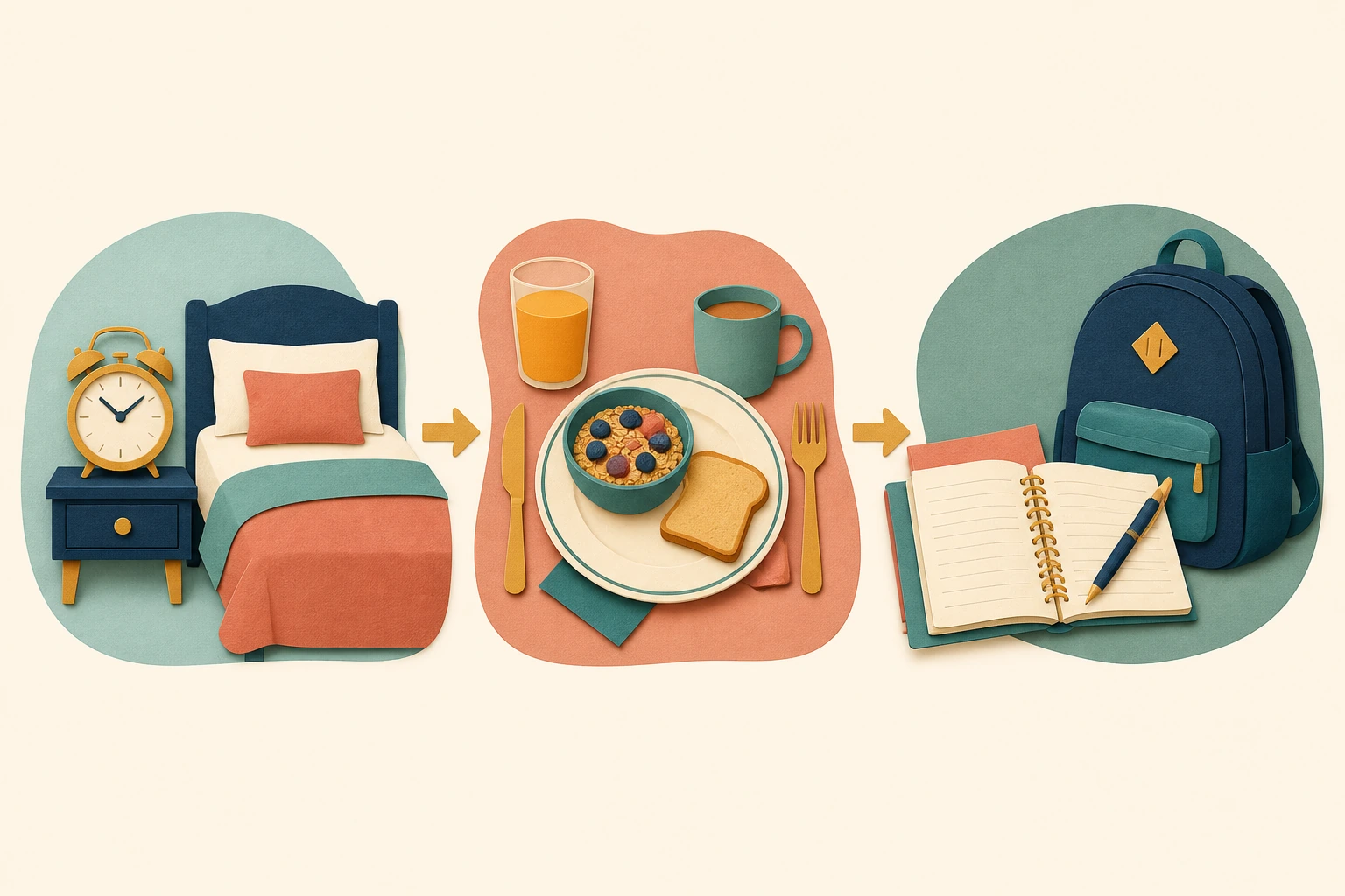 Three-part daily routine: an alarm clock and bed, a breakfast place setting, and an open notebook beside a school bag.