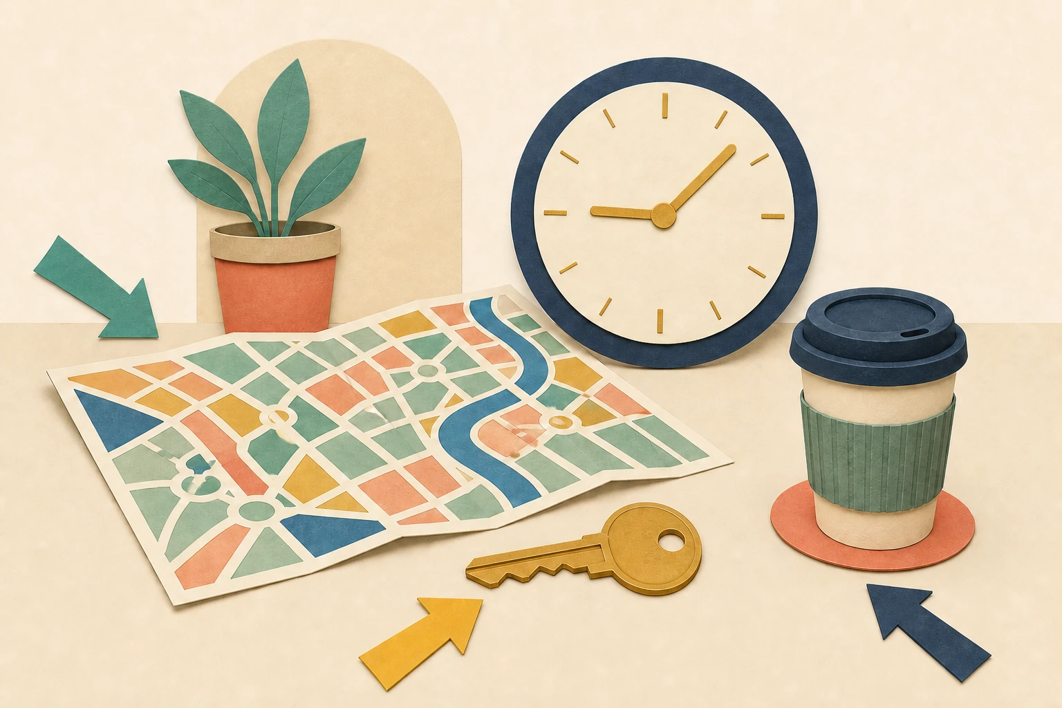 Information-desk still life with a city map, a clock without numerals, a house key, a closed cup, a plant and exactly three coloured direction arrows.