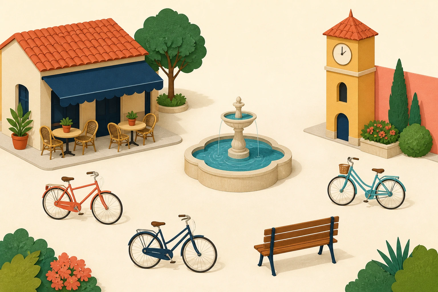 Town square with an unlabelled café, a central fountain, three bicycles, a wooden bench and a small clock tower.