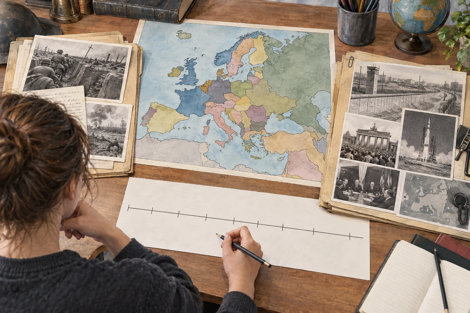 Tavolo di studio con carta illustrativa d'Europa, cronologia senza date e immagini fittizie dall'aspetto fotografico.